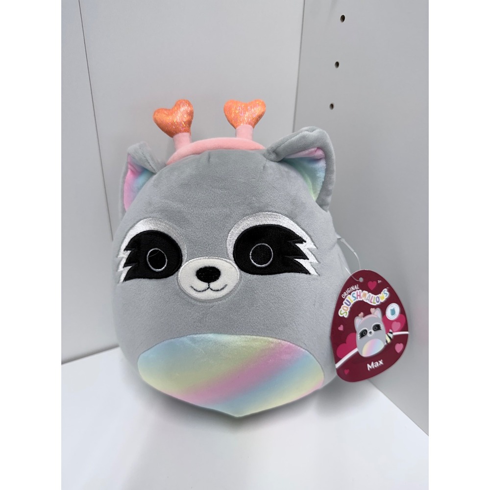 Squishmallows Max the Raccoon 8 Inch Grey‎ Rainbow Plush Heart Antennae NWT